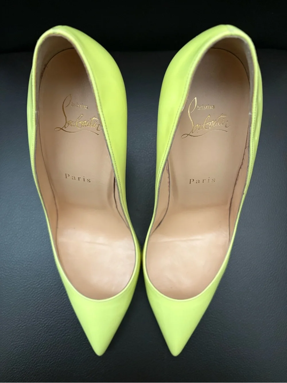 Christian Louboutin So Kate Neon Yellow Patent Pointed Toe Pumps 120mm